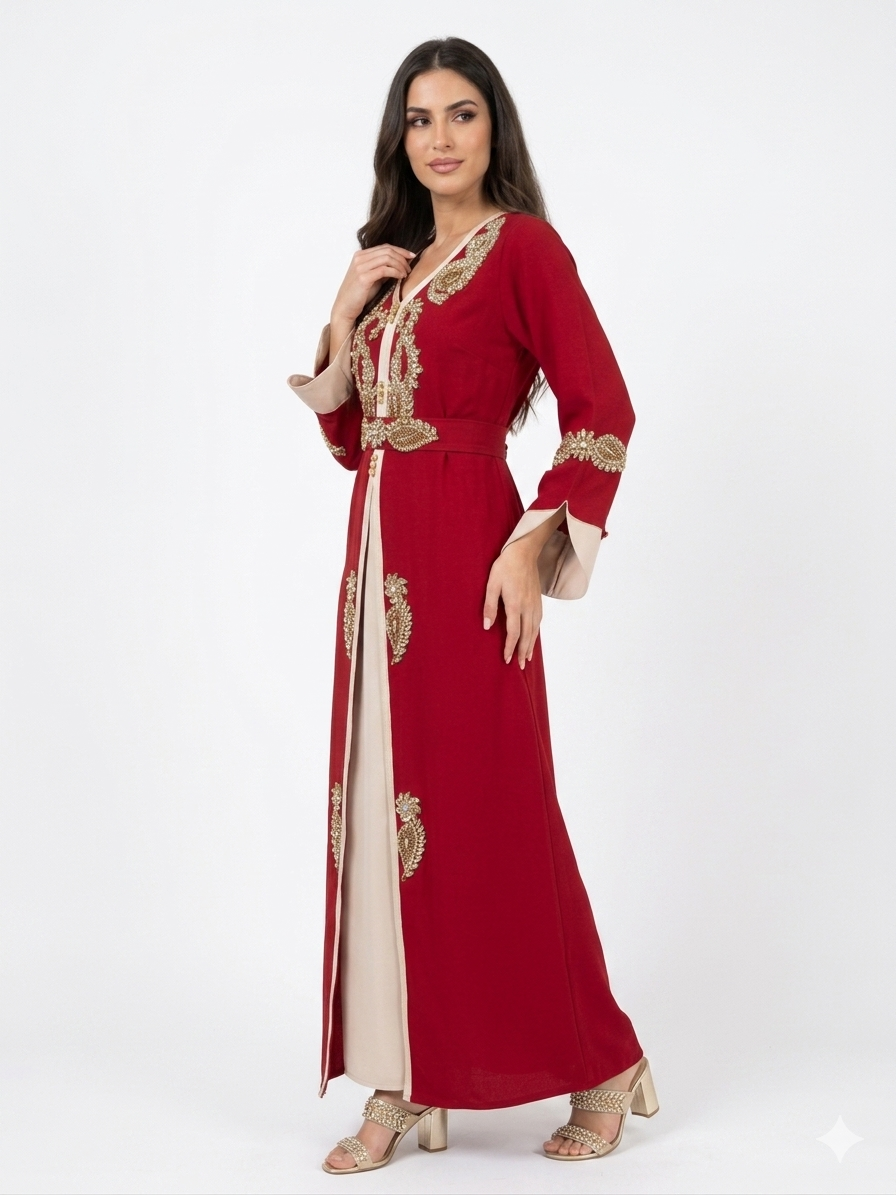 Luxury Takshita Kaftan Dress with Crystal Embellishments & Belt – Red/Beige & Purple/Blue