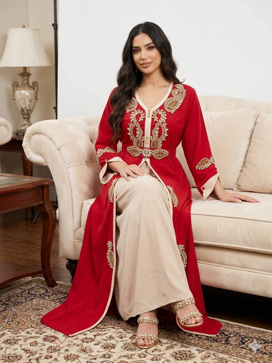 Luxury Takshita Kaftan Dress with Crystal Embellishments & Belt – Red/Beige & Purple/Blue