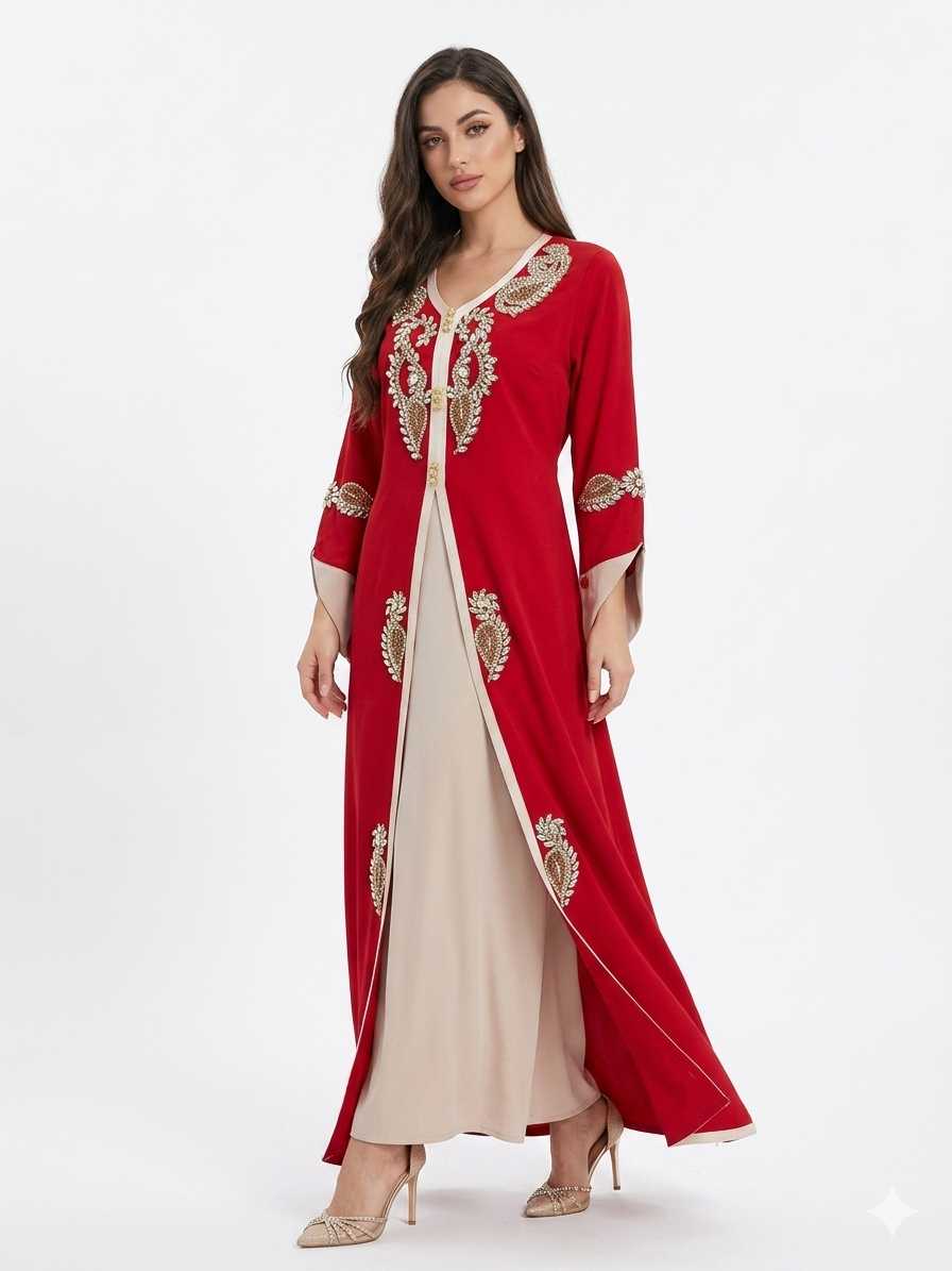 Luxury Takshita Kaftan Dress with Crystal Embellishments & Belt – Red/Beige & Purple/Blue