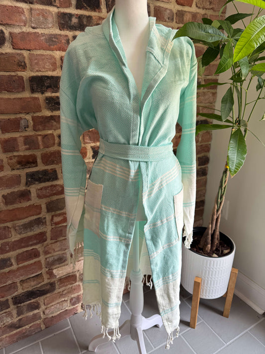 Unisex Turkish cotton bathrobe front view – perfect for spa, shower, or lounging