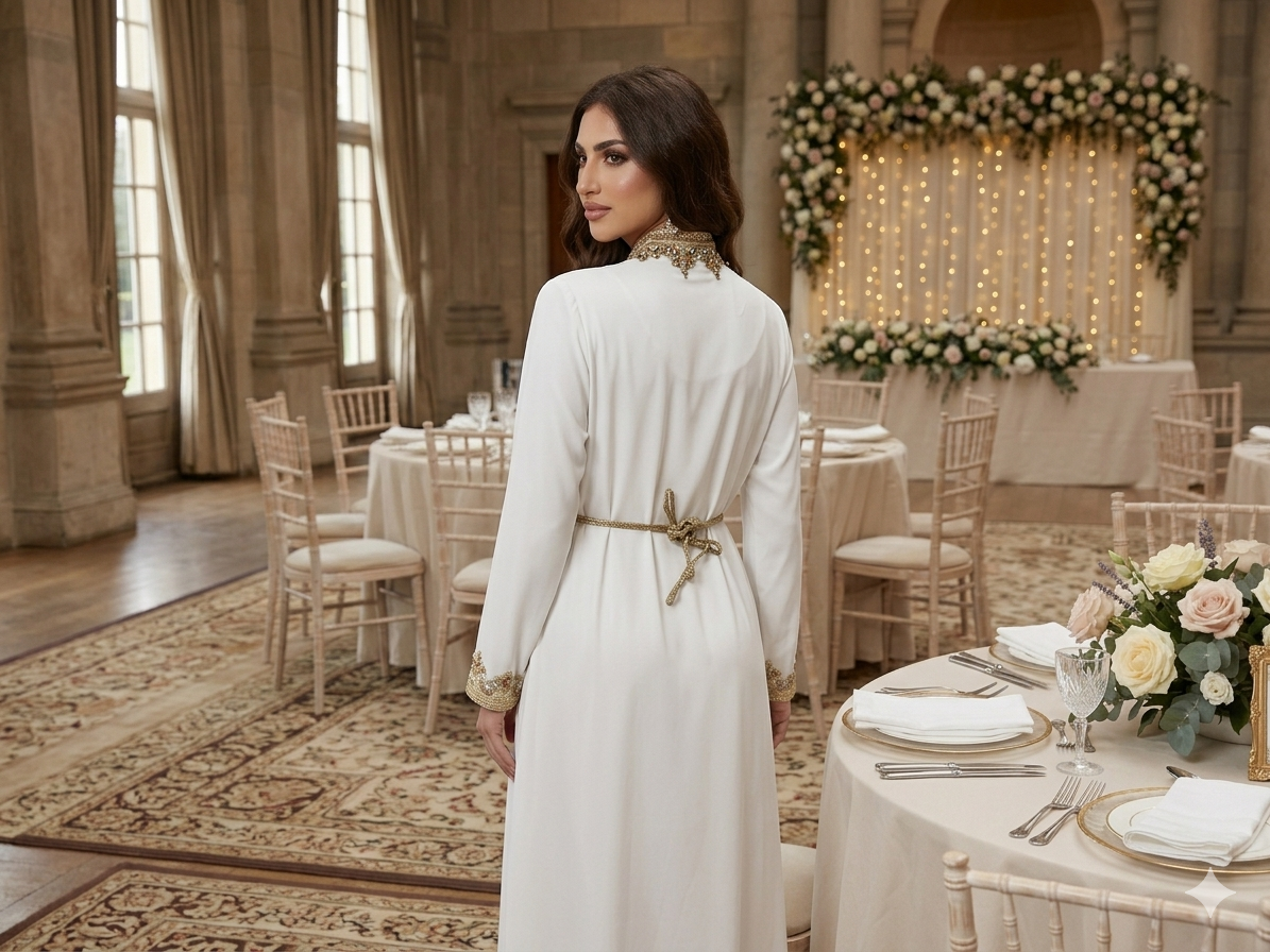White Embellished Kaftan Set with Belt – Elegant Occasion Wear