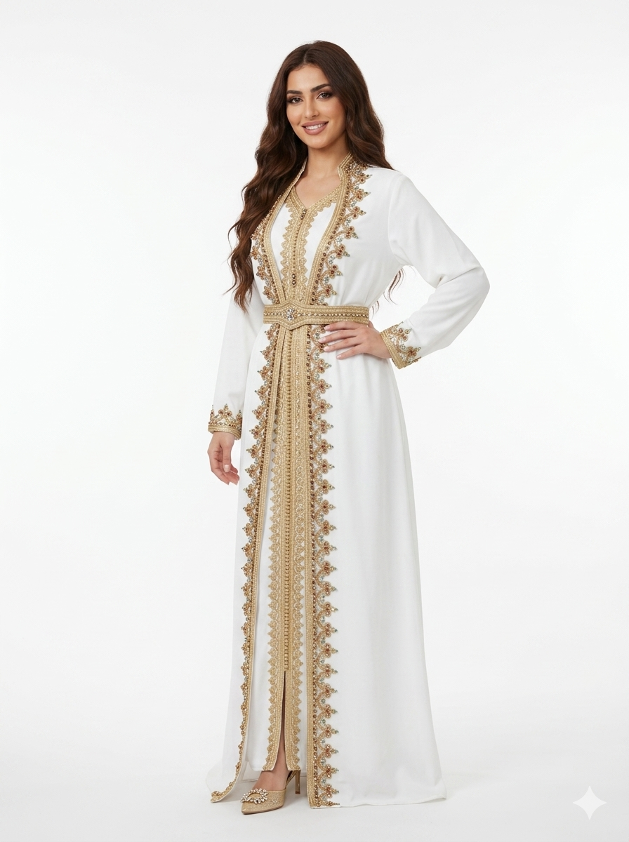 White Embellished Kaftan Set with Belt – Elegant Occasion Wear