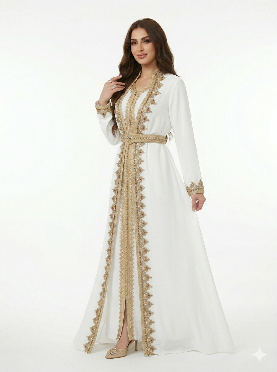 White Embellished Kaftan Set with Belt – Elegant Occasion Wear