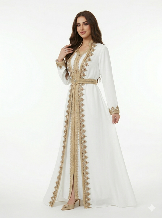 White Embellished Kaftan Set with Belt – Elegant Occasion Wear