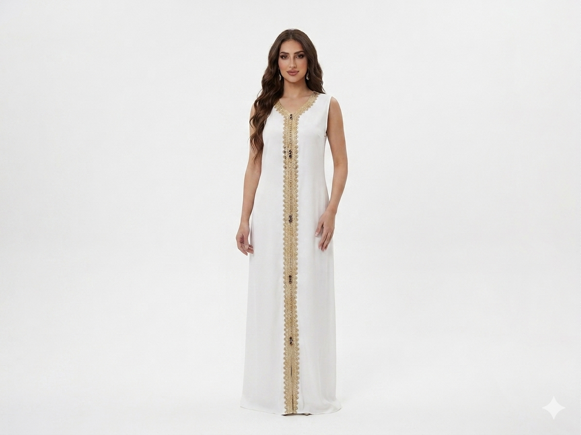 White Embellished Kaftan Set with Belt – Elegant Occasion Wear