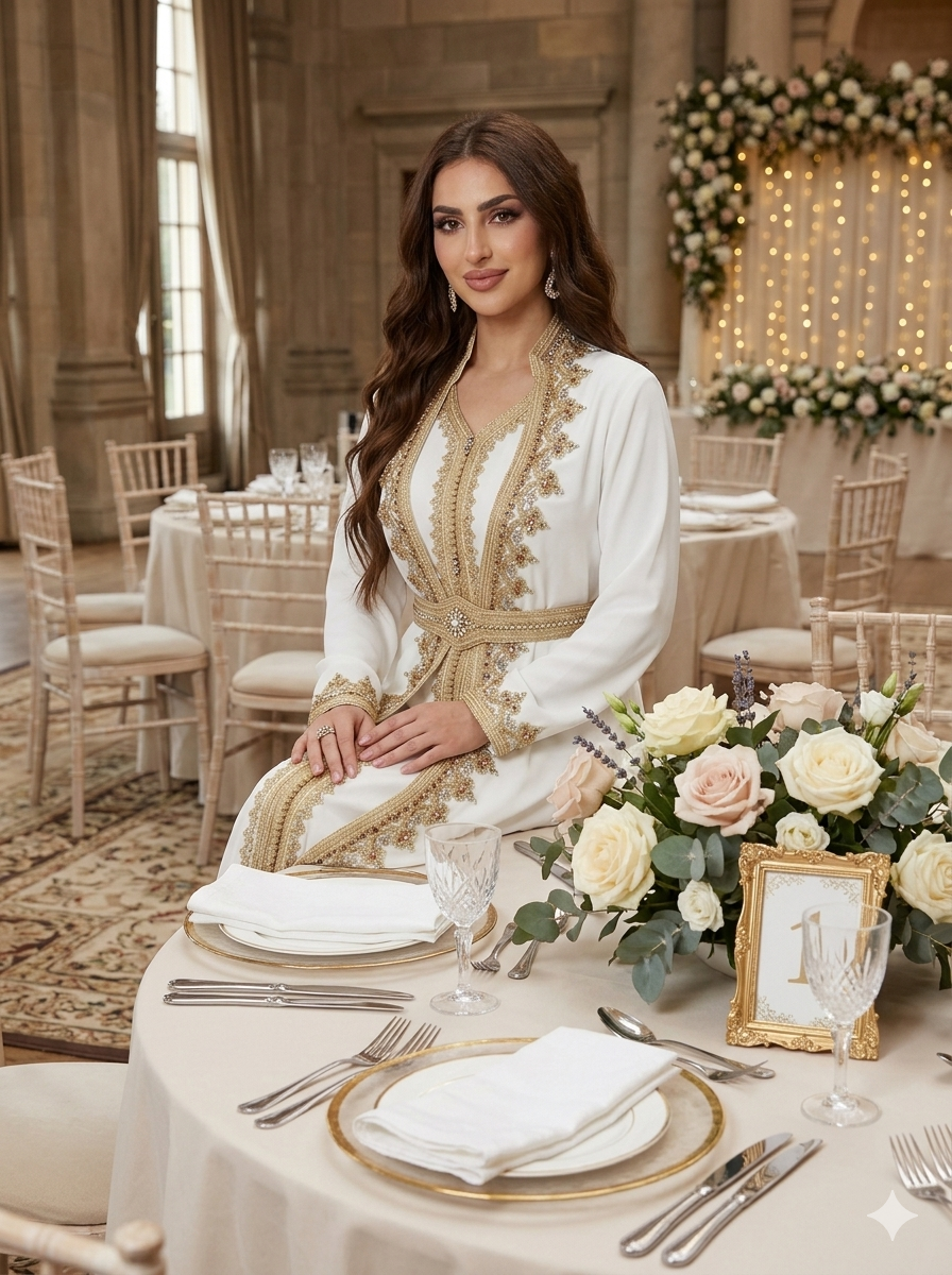 White Embellished Kaftan Set with Belt – Elegant Occasion Wear